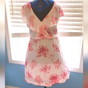 Lush Small Faux Wrap White Pink Floral Watercolor Flutter Dress